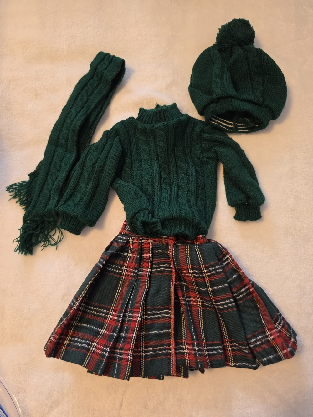 18 Inch Doll - Cable Knit Sweater, Scarf & Pom Beanie with Tartan Plaid Skirt